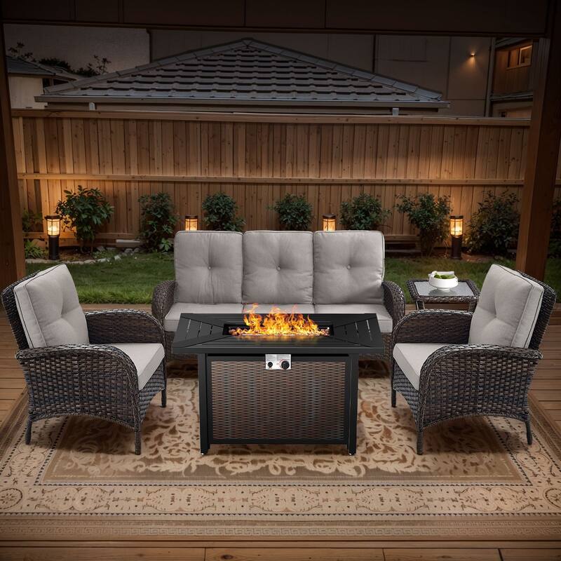 Gymojoy Outdoor Fire Pit Conversation Set, 3-Seat Sofa & Chairs Patio Furniture Set - 5-Piece included Club Chairs - Beige