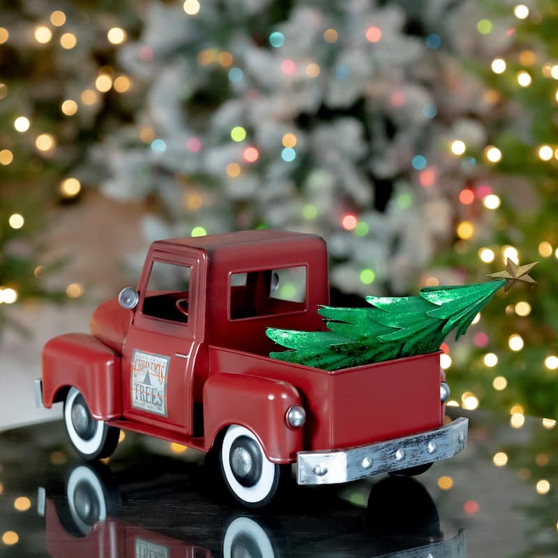 Iron Christmas Truck with Tree in Antique Red - 21"x9"x9.25"