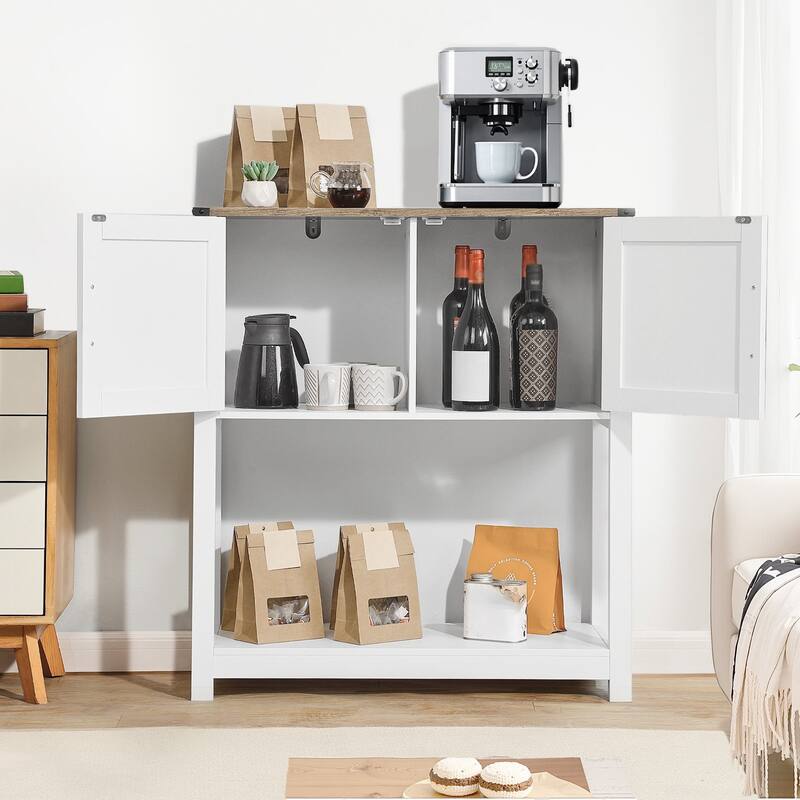 3-Tier White Bar Cabinet with Magnet Doors and Bottom Open Storage Shelves Ideal for Coffee Machine or Toaster