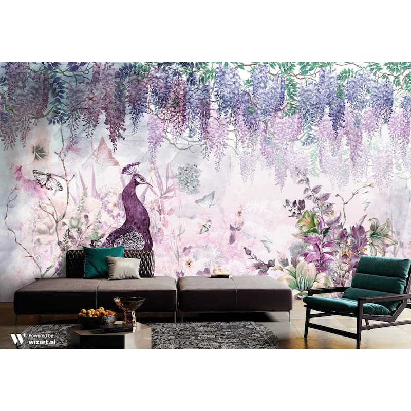 Peacock Wallpaper Mural with Floral and Wisteria Accents
