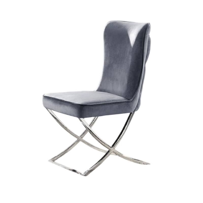 Waden Side Dining Chair Set of 2, Chrome Metal, Gray Button Tufted Velvet