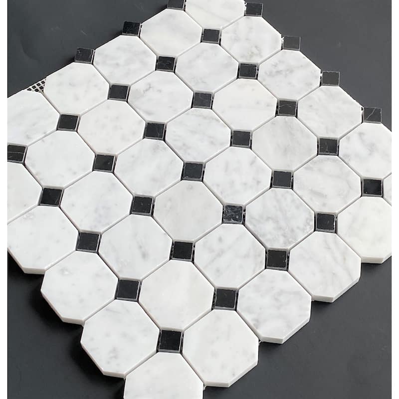 White Carrara 2" Octagon with Black Dot Marble Mosaic Tiles - Case (10 Sheets)
