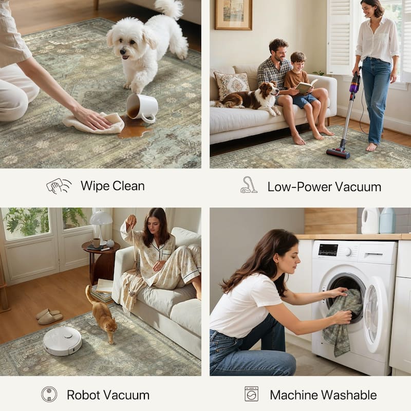 Mcow Sage Green Boho Pattern Ultra-Thin Low-Pile Washable Non-Slip Area Rug