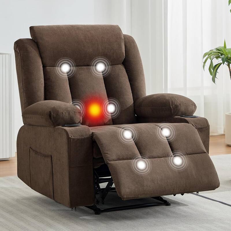 Oversized Manual Recliner Chair with Vibration Massage and Heat, Classic Overstuffed Deep Seat Sofa - Brown