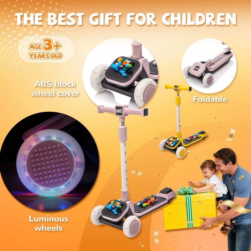 Anmytek Kids Ride On 3-Wheel Scooter W/Buildable blocks, PU flashing wheels and Folding Kick Scooter