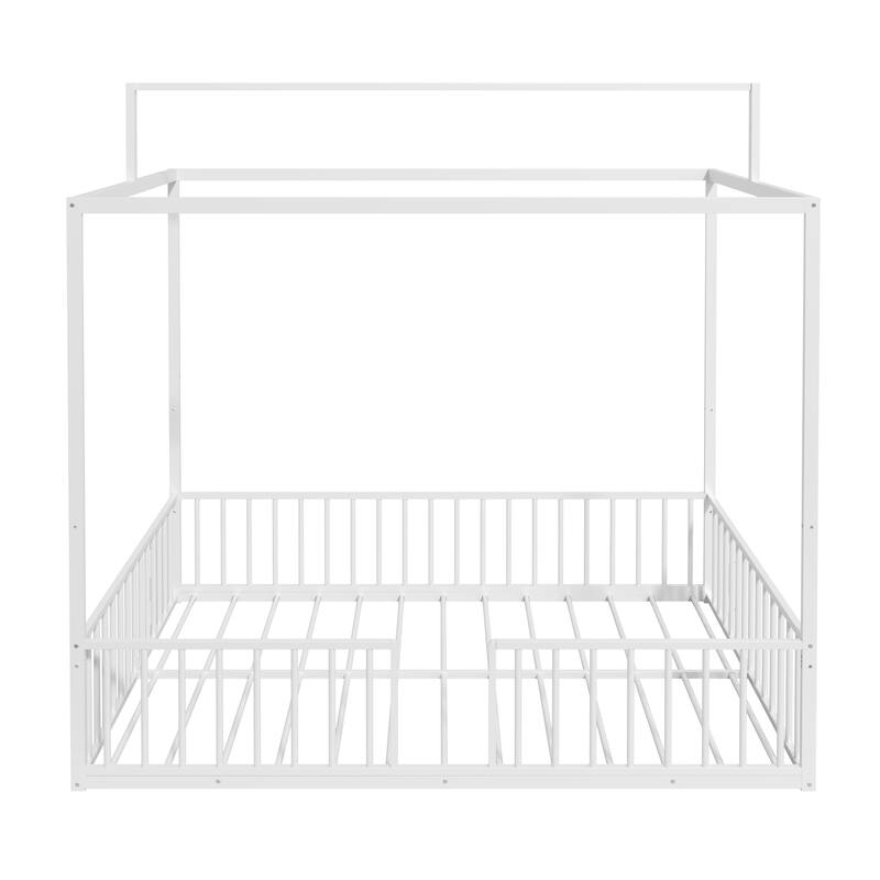 3-in-1 Convertible Metal Bed for Kids, Toddler Floor Bed, Fenced Bed and Montessori Elevated Bed with House-shaped Frame