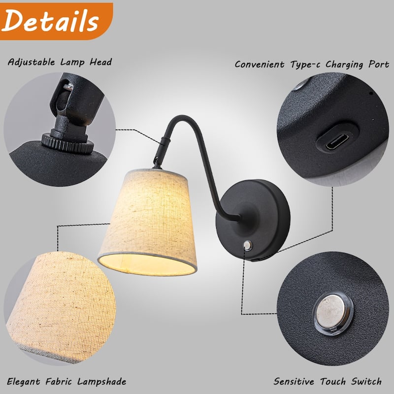 W6" Battery Operated Wall Sconces Dimmable Integrated LED Rechargeable Cordless Swing Head Wall Lamp for Bedroom