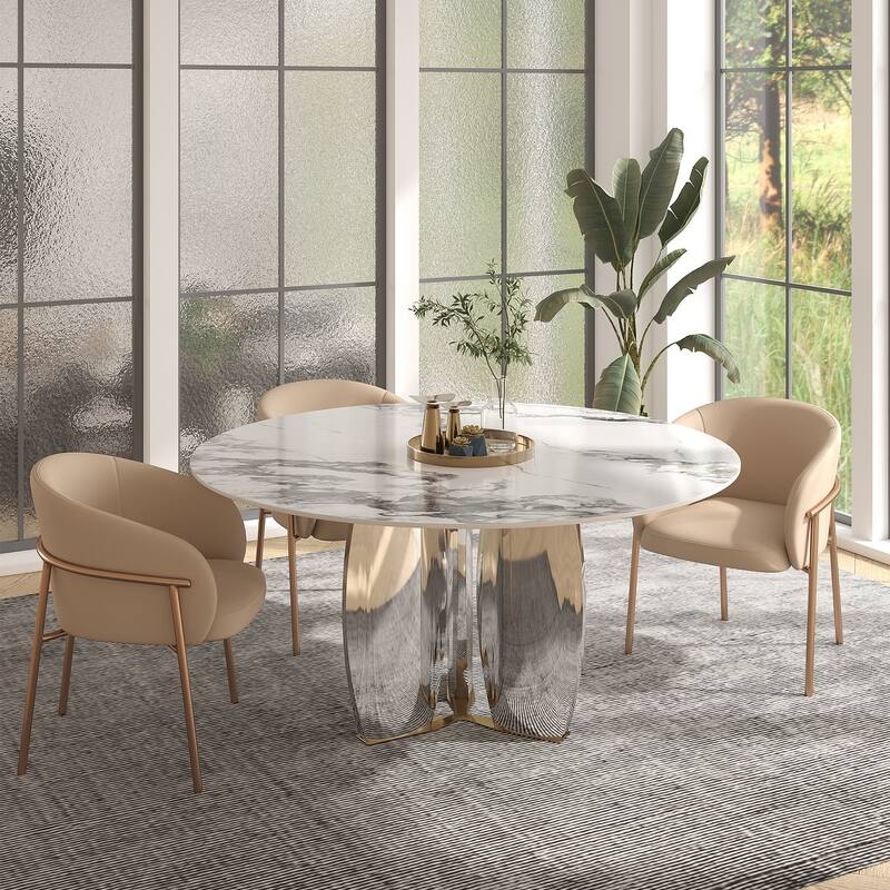 Modern Round Rock Slabs Stainless Steel Mirror Pedestal Dining Table