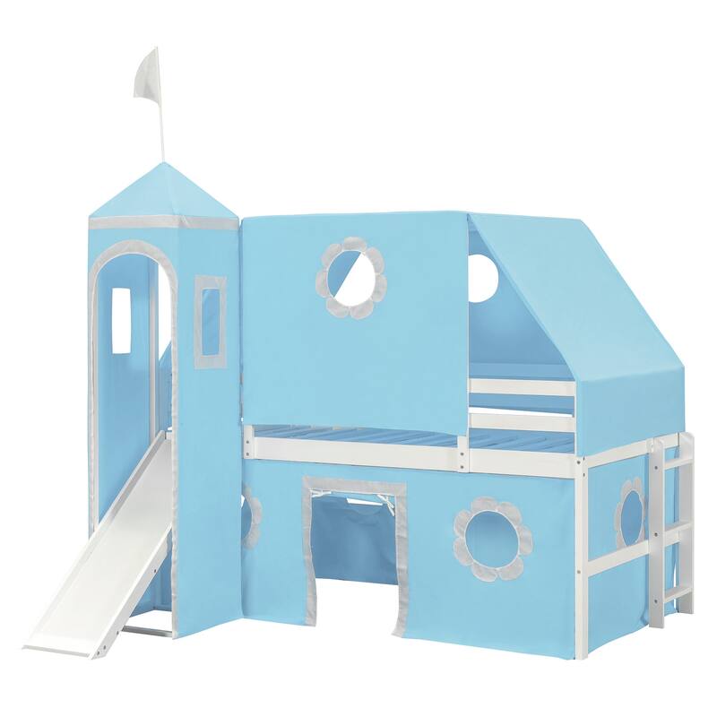 Roomfitters Full Size Loft Bed with Slide, Pink Tent and Tower Playhouse Design