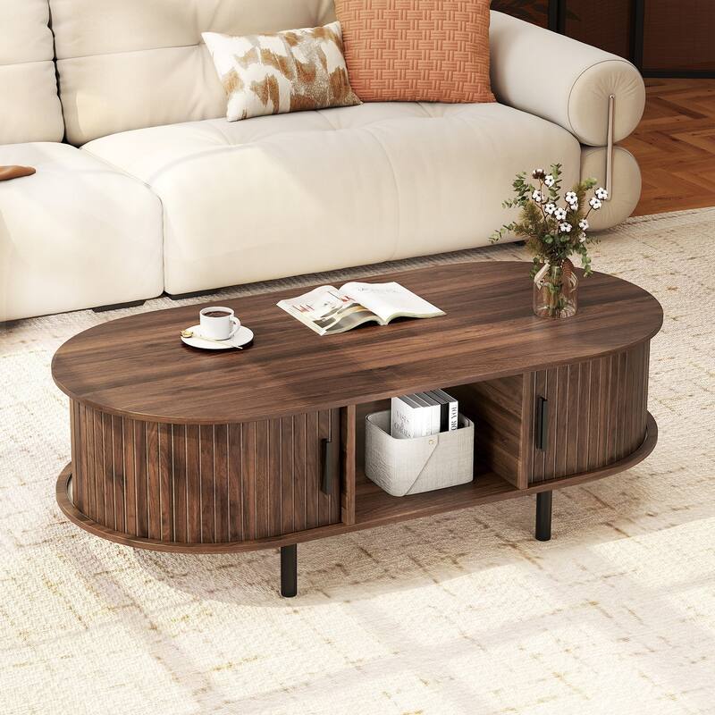 48" Modern Walnut Coffee Table with Fluted Sliding Doors and Open Storage Shelf Metal Frame - 48" x 24" x 16"