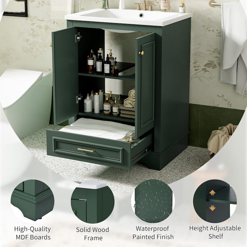 24 Inch Bathroom Vanity with Sink, Solid Wood Frame Cabinet with Adjustable Shelf, Ceramic Top, Silver Handles