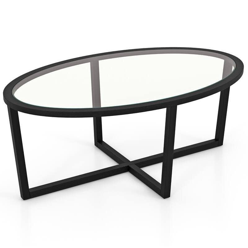 Gymax Modern Glass Coffee Table w/ Cross Base & Acacia Wood Legs for