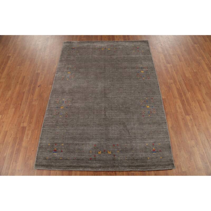 Tribal Gabbeh Area Rug Hand-Knotted Oriental Grey Wool Carpet - 5'5"x 7'7"