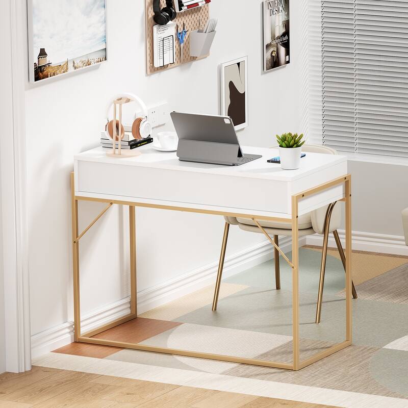 Anmytek Modern Computer Desk White Gold Vanity Desk Study Writing Table with 2 Drawers for Home Office