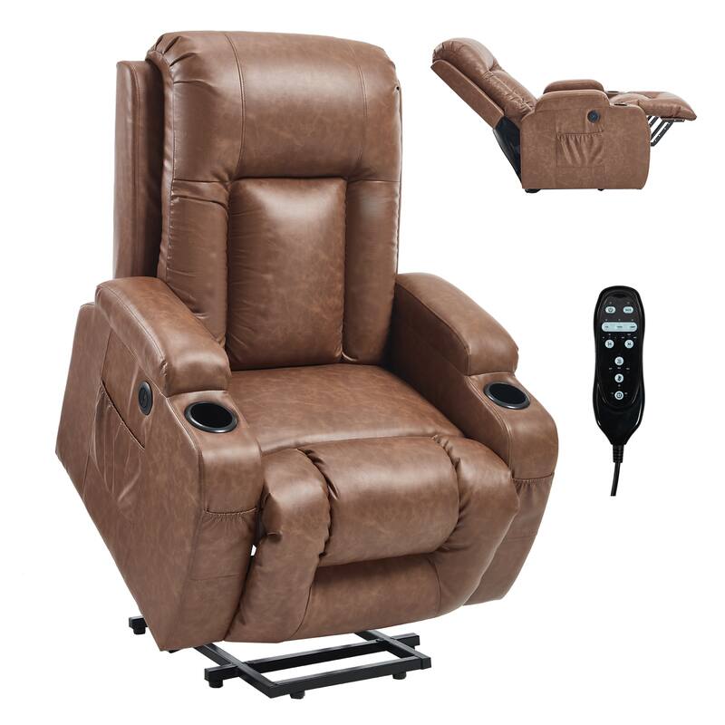 Roomfitters Heavy Duty Power Lift Recliner, PU Leather Massage Chair with Heat, USB Port and Dual Cup Holders