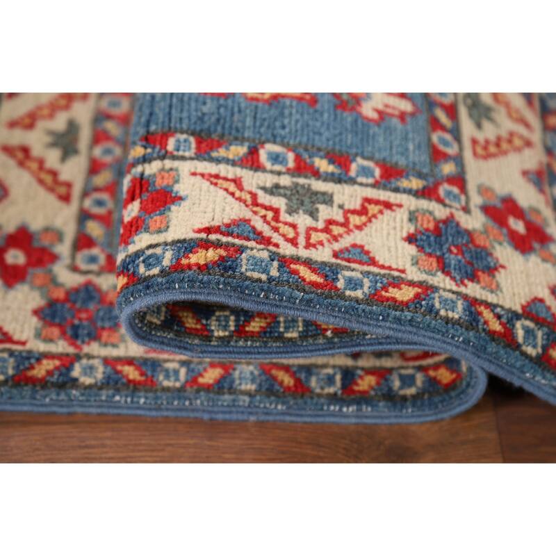 Blue Geometric Kazak Oriental Foyer Rug Handmade Wool Carpet - 2'1" x 2'10"