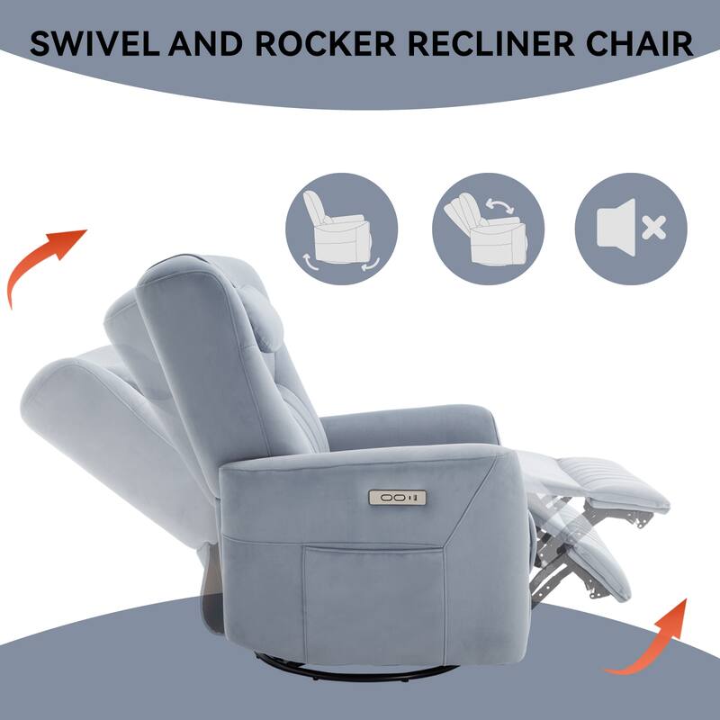 Ergonomic Swivel and Rocker Power Recliner Chair for Elderly, Lving Room Single Sofa w/Lumbar & Neck Support Pillow & USB Ports