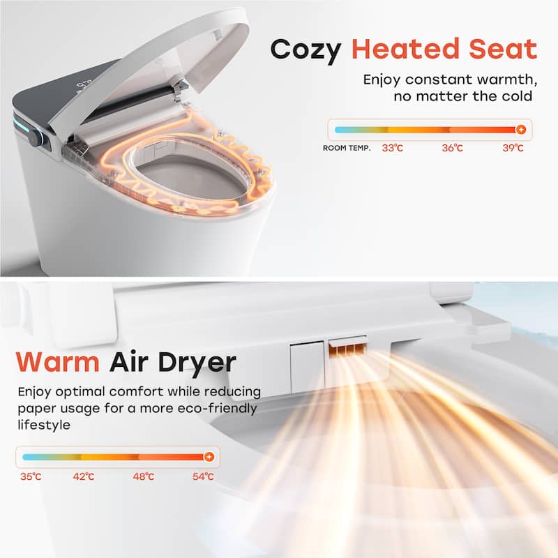 HOROW 10 Inch Rough In Tankless Elongated Smart Bidet Toilet 1.27 GPF White with Auto Open Close Foot Sensor and Ambient Light