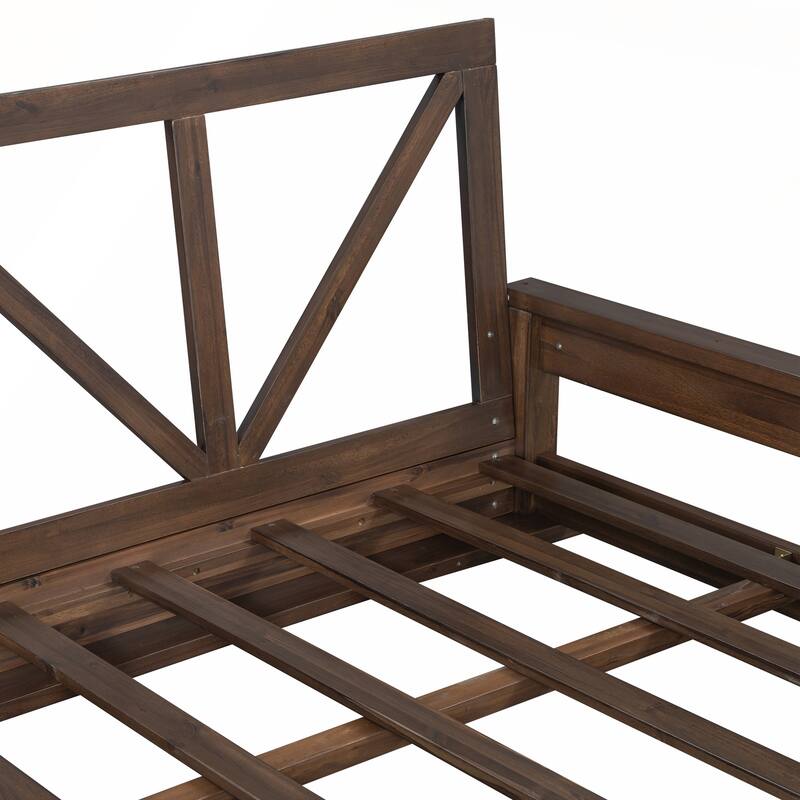 Durable Acacia Wood Twin Size Patio Swing Bed with High Backrest and 16.4ft Hemp Ropes