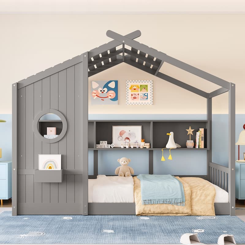 Twin Size Floor House Bed for Toddler, Kids Montessori Bed with Storage Shelf, Playhouse Bed with Roof Design