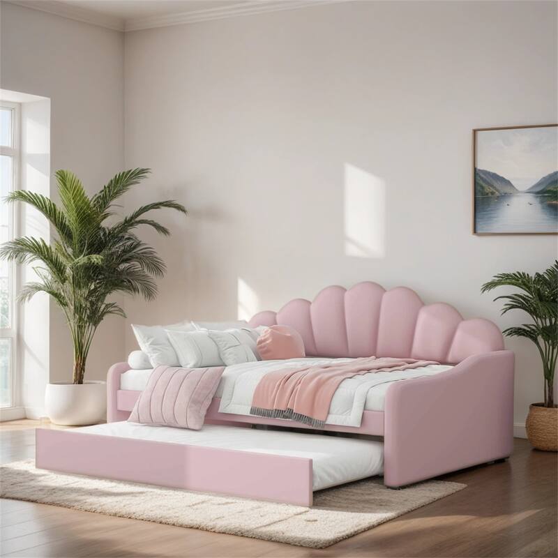 Full Size Upholstery Daybed Frame w/Shall Shaped Backrest and Trundle