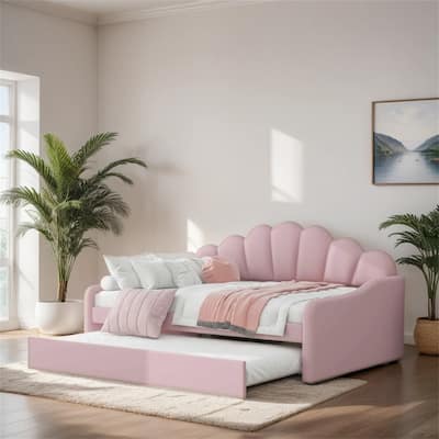 Full Size Upholstery Daybed Frame w/Shall Shaped Backrest and Trundle