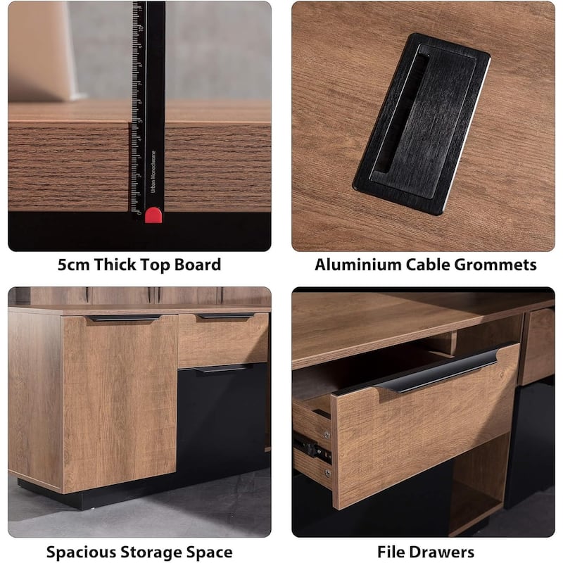 WESOME Retractable L-Shaped Executive Desk with Cable Management Drawers and Lateral File Cabinet