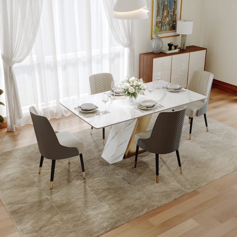 Modern Luxury White Rectangular Dining Table with Glossy Sintered Stone Tabletop, White Z-shaped Stainless Steel Base