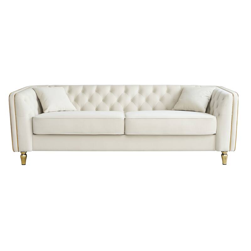 87.01" Velvet Corduroy 3-Seater Sofa with Pine Frame & 2 Pillows