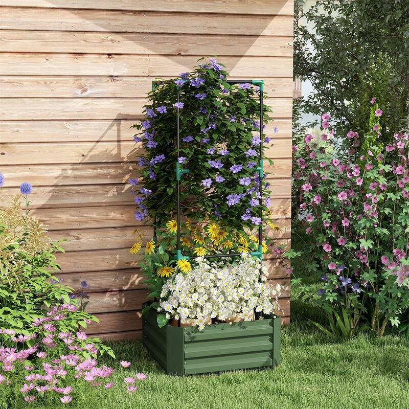 Galvanized Steel Raised Garden Bed with Adjustable Trellis for Vegetables Fruits and Flowers Outdoor Planter