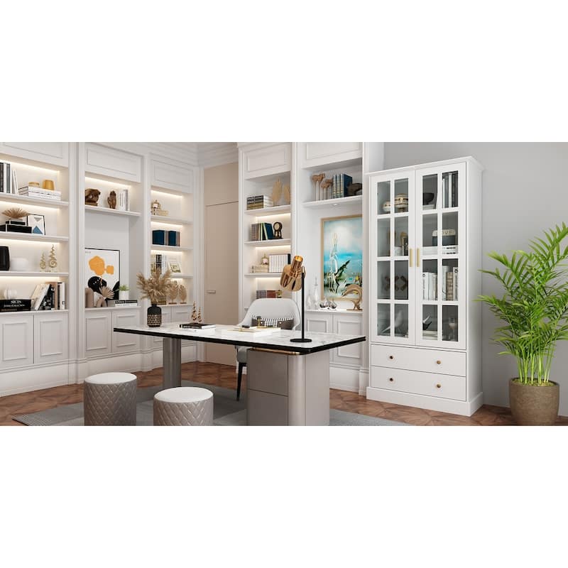 Glass Display Cabinet with 4 Shelves, 2 Doors Curio Cabinets Pantry - 31.5"Wx70.1"H