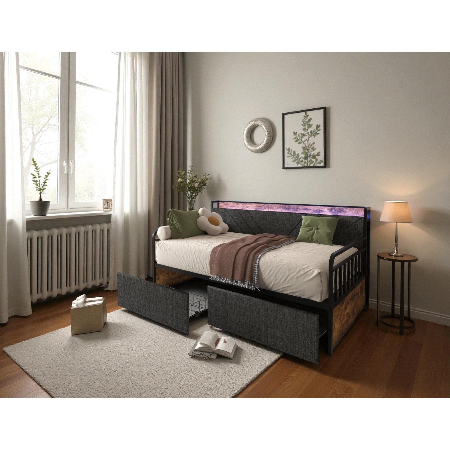 Twin Daybed with Drawers, Upholstered Headboard Shelf, Charging Station, LED Lights, Metal Frame for Bedroom or Living Room