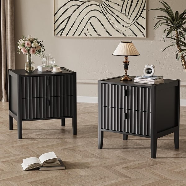 Nightstand Set of 2,Modern Bedside Tables with 2 Drawers, Fluted Wooden Storage Cabinet