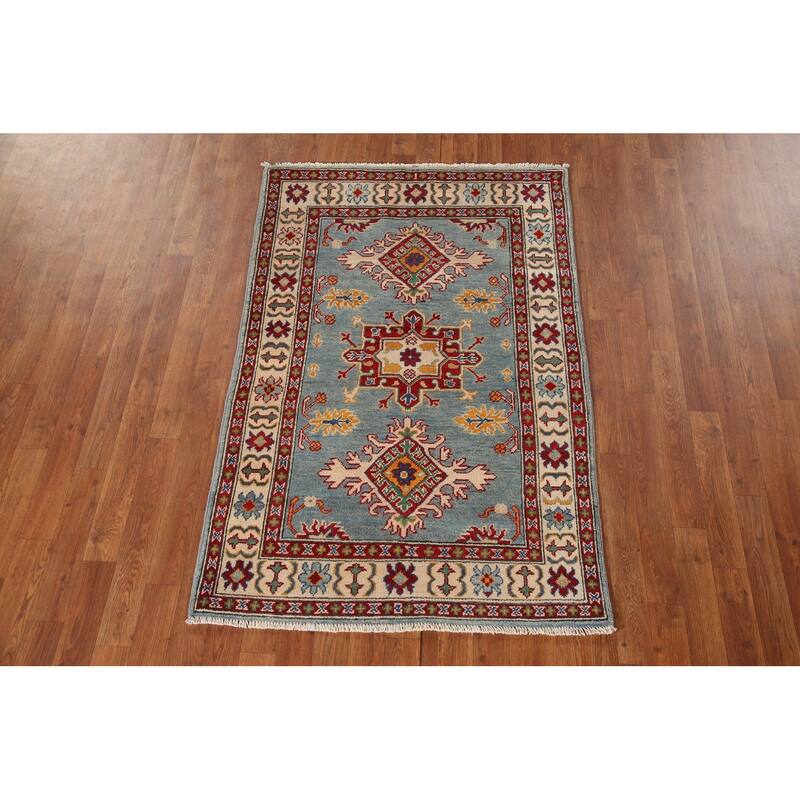 Light Blue Geometric Kazak Oriental Accent Rug Handmade Wool Carpet - 3'3"x 5'1"