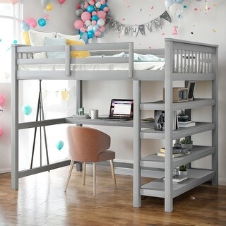 Full Size Loft Bed with Storage Shelves and Under-bed Desk,With A Desk And Shelves Underneath,With Workstation,2 Color