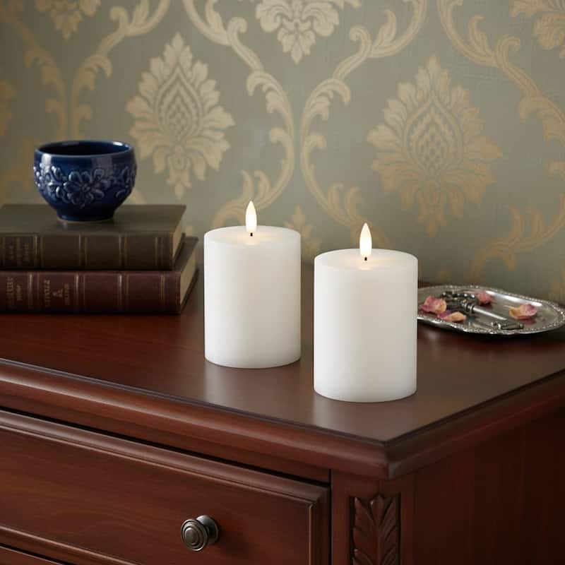 Set of Two White Flameless Pillar Candles - White