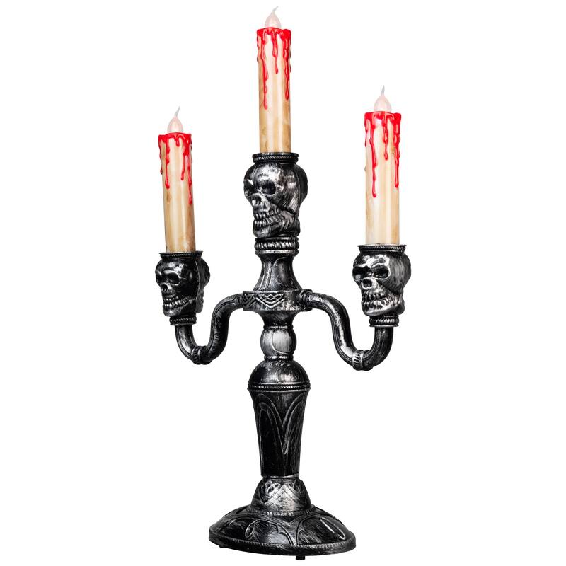 Antique-Style Skull Trio Flickering Halloween Candelabra - 13.75" - Amber Lights