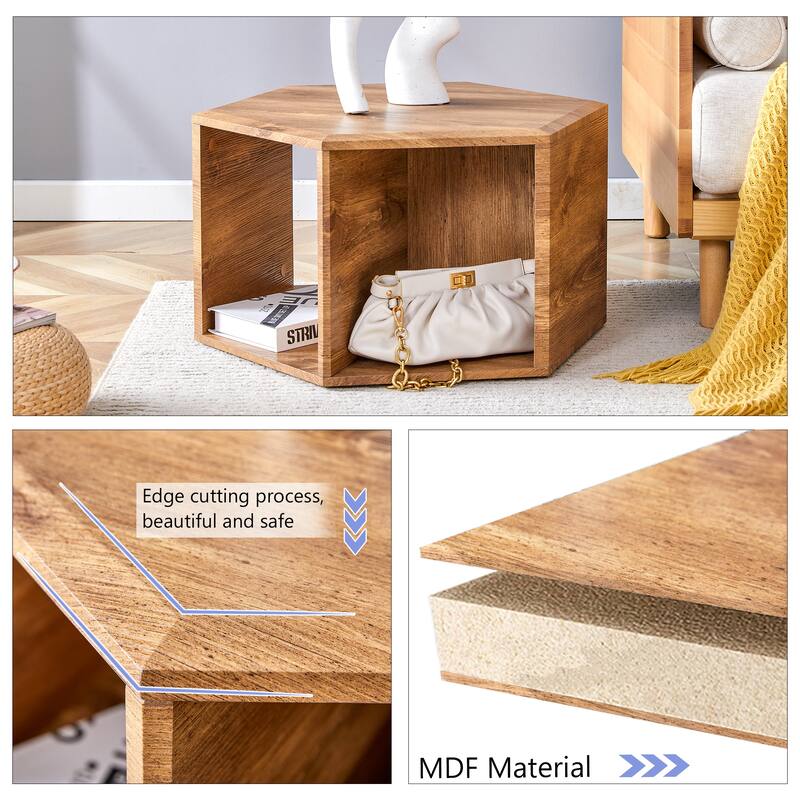 Hexagonal Coffee Table with Open Storage Space Multifunctional Wooden Side Table Small Apartment Center Table