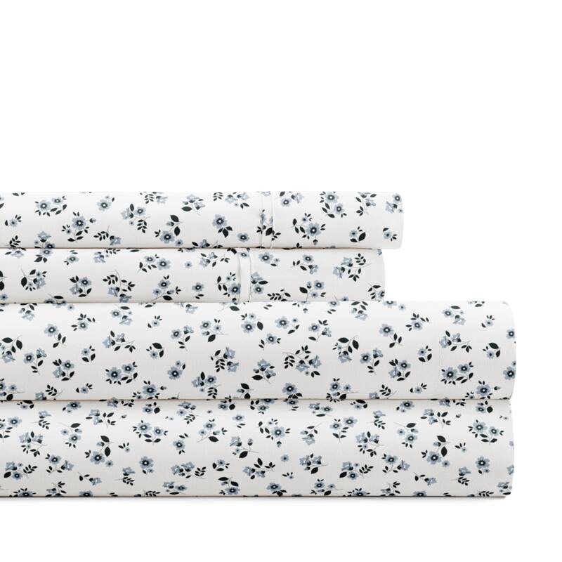 Delicate Blossoms Patterned Ultra-Soft Bed Sheet Sets - Ditsy Floral Blue Fog - King
