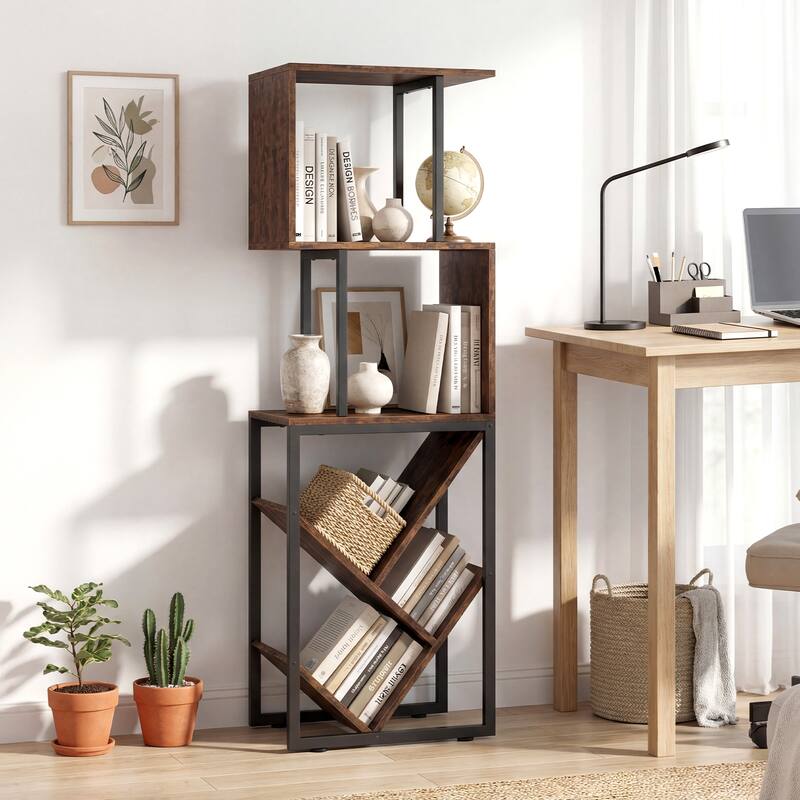 Gymax 6-Tier Bookshelf Industrial S-Shaped Geometric Bookcase w/ Open - Brown
