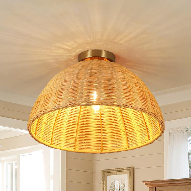 16.5" W Boho Coastal Brown Handwoven Rattan Dome Flush Mount Ceilig Light for Kitchen, Hallways