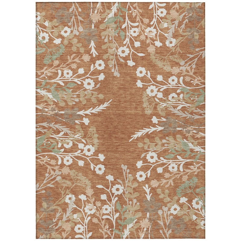 Machine Washable Indoor/ Outdoor Floral Border Chantille Rug