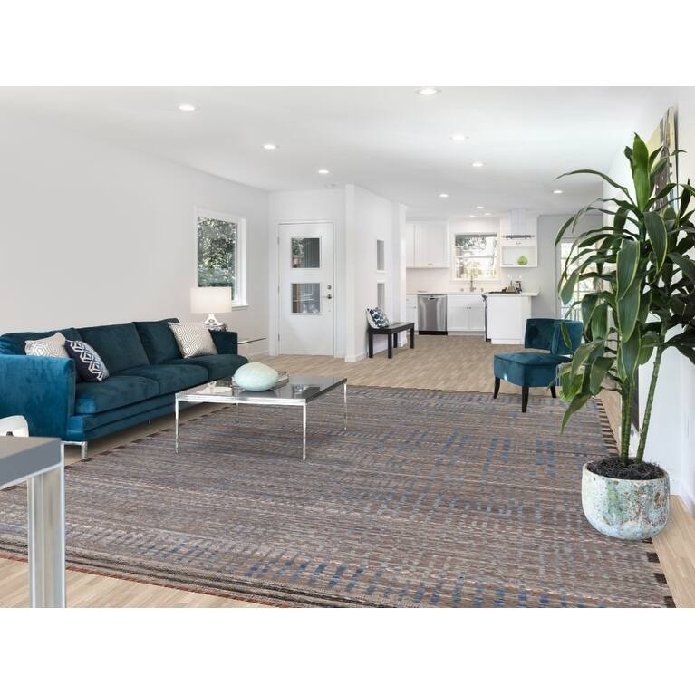 All-Over Striped Moroccan Oriental Area Rug Hand-Knotted Wool Carpet - 9'0"x 12'9"