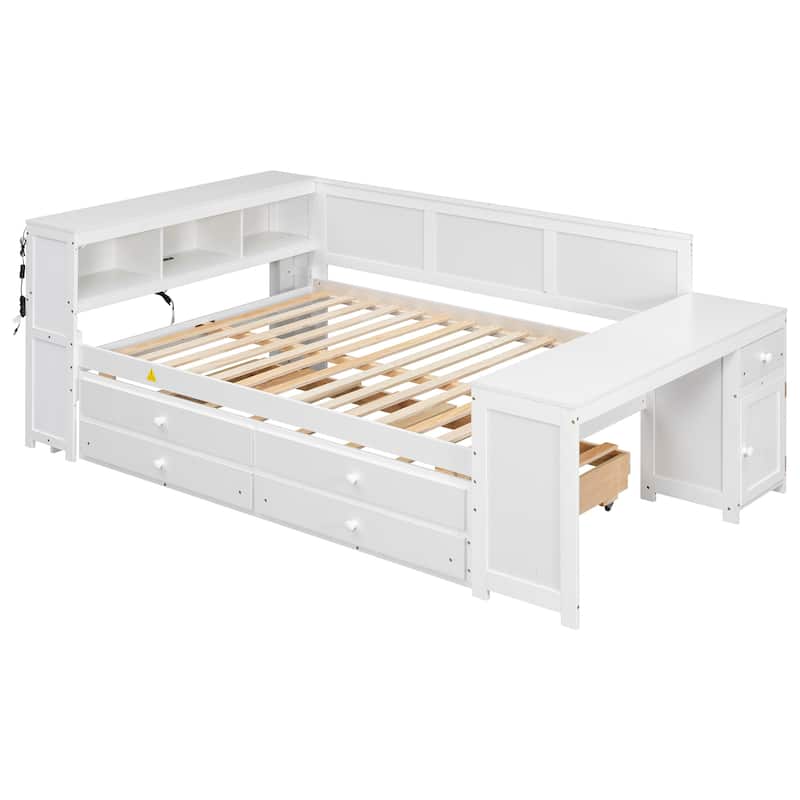 Full Size Daybed with Storage Shelves, Trundle, Charging Station, Desk, and LED Light - White - Full