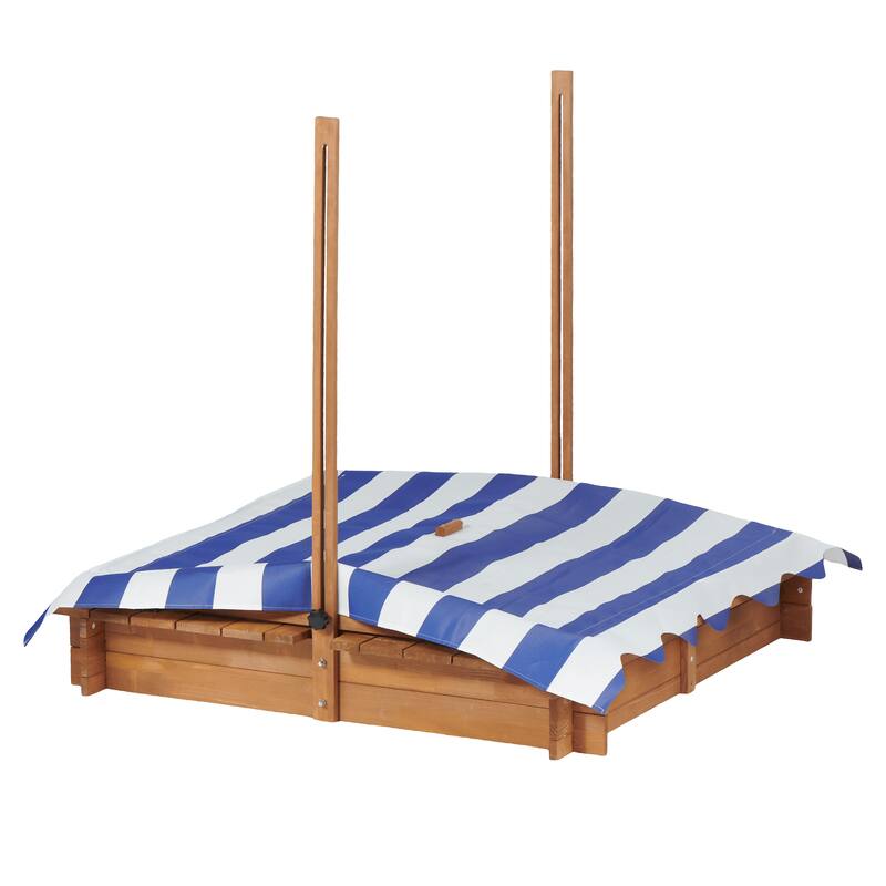 Kids Sandbox with Adjustable Cover, 46" Wooden Sand Box with 2 Foldable Bench Seats, Outdoor Sandpit for Backyard Play