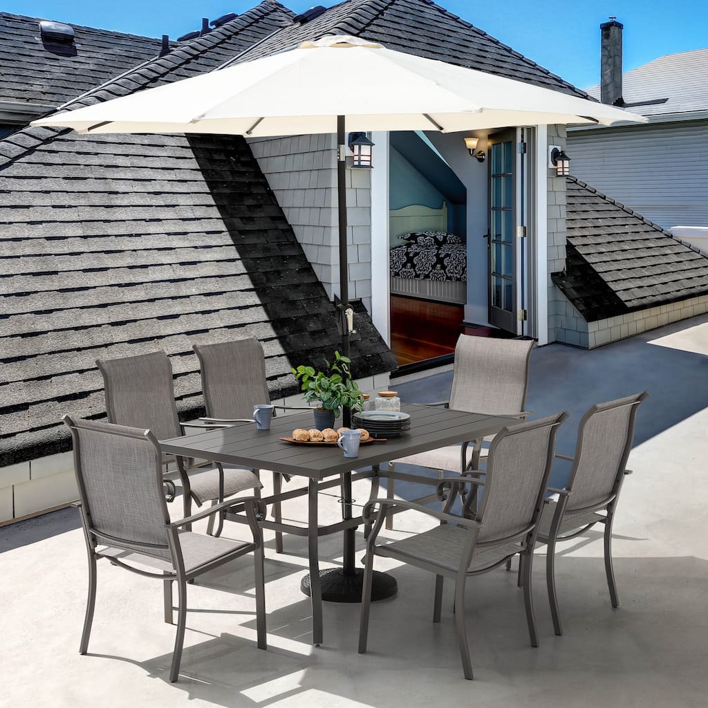 7-Piece Outdoor Patio Dining Set, 61" Long Iron Table, 6 Textilene Chairs