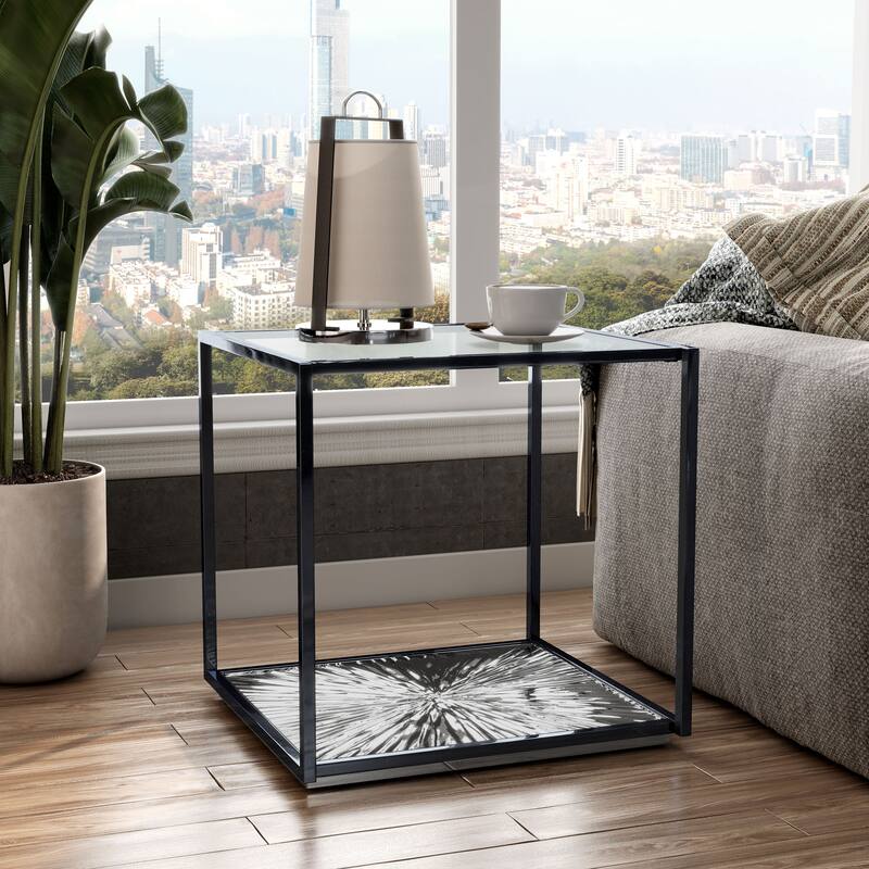 247 Shop At Home Aureum Modern 1-Shelf End Table with Sunburst Base and Tempered Glass Top - Black Nickel & Blue