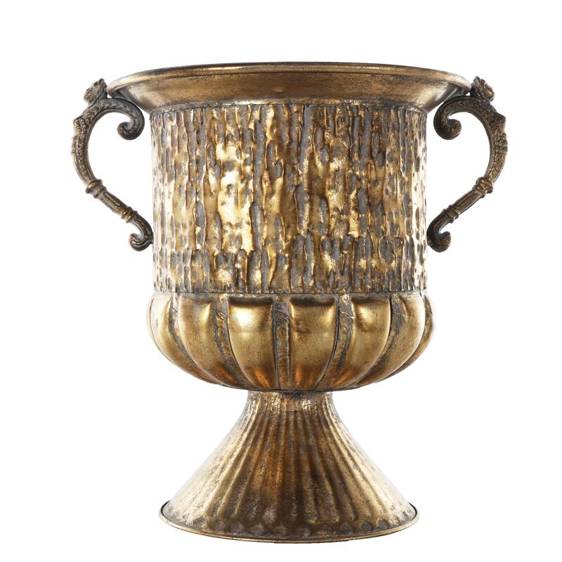 Gold Metal Urn Shaped Decorative Vase with Hammered Details