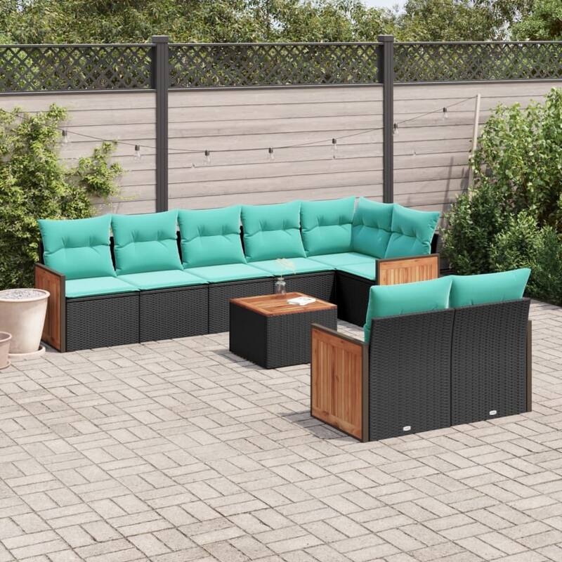 vidaXL 8 Piece Patio Sofa Set with Cushions Black Poly Rattan - 21.7x27.2x24.4-With table