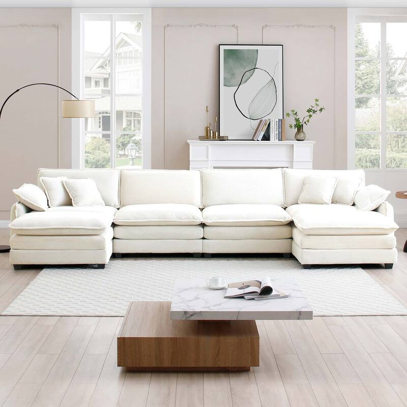 6-piece Oversized Corduroy Upholstered U-Shaped Modular Sectional Sofa with 2 Removable Ottoman and Free Combination